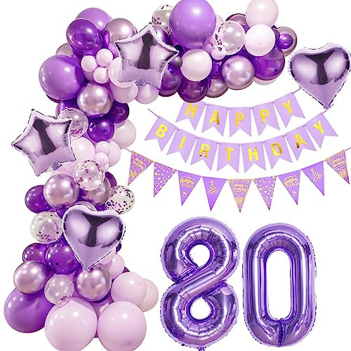 Lila 80 Geburtstag Deko Frauen, Ballon Girlanden 80 Geburtstag Dekoration, Lila Geburtstagsdeko 80 Frauen,Luftballons Girlande 80. Lila Deko,Frauen 80. Geburtstag Dekorationen Violett