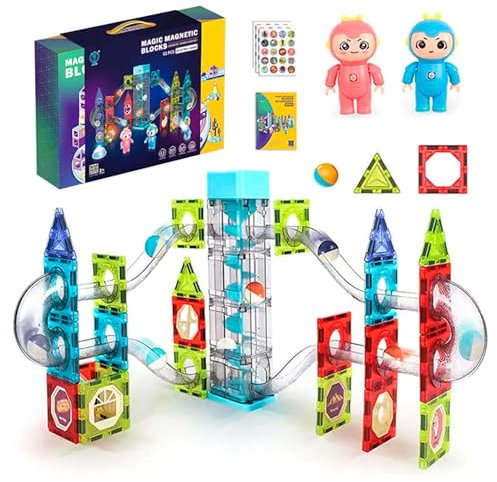 CELMAN Magnetische Bausteine 82 Teile Magnete Bauklötze Murmelbahn mit Zubehör, Montessori Spielzeug, Magnet Kugelbahn für Kinder ab 3 4 5 6 7 8 Jahre STEM Lernspielzeug Geschenk