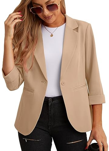 GRECERELLE Blazer élégant à manches 3/4 pour femme - Veste décontractée pour le travail - Blazer de bureau - Veste de costume et blazers avec poches et bouton pour femme, abricot, 42
