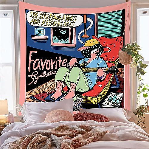 Atrippy Anime-Wandteppich, Hippie-Musik-Gitarre, Wandteppich für Schlafzimmer, Cartoon-College-Poster, Heimdekoration, Ästhetik für Männer, Jungs, Wohnheim, Wohnzimmer (130 x 150 cm)