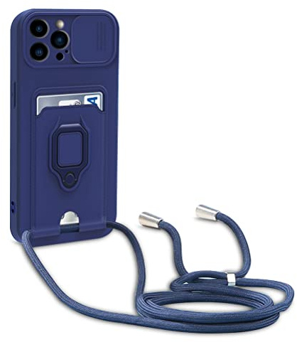yanasuo Protección de Cámara Funda Compatible con iPhone 15 Pro MAX, con Anillo Soporte, Ajustable Collar Correa de Cuello Cordón Carcasa de Silicona-Azul