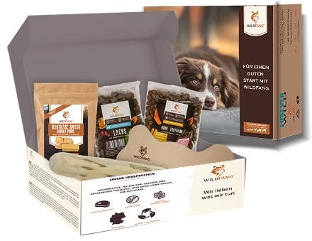 Wildfang® Paket Willkommen Wegbegleiter - mittelgroße Hunde| Welpe |Starterset für Welpen, Welpenbox, getreidefreie Proben Trockenfutter, Lederknochen, Hartkäse Probierset, Kaffeeholz Kaustab