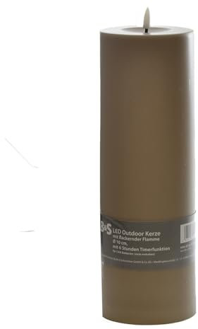 B & S LED Kunststoffkerze Outdoor taupe 30 x Ø 10 cm Flackerflamme & Timer