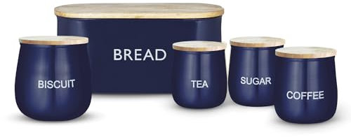 Tower T826212MNB 5 Piece Storage Set with Bread Bin, Biscuit Tin and 3 Storage Canisters, Stainless Steel with Airtight Mango Wood Lids, Midnight Blue