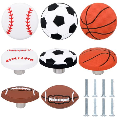 Menkxi 8 Pcs Sports Ball Dresser Knobs for Kids Baseball Basketball Dresser Drawer Knobs for Boys Football Soccer Sports Nursery Hardware Drawer Pulls Handles for Cabinet Party Decor (Novel Style)