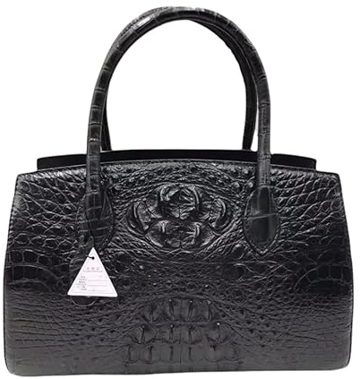 Klassische Handtasche aus echtem Krokodilleder für Damen, großer Tragegriff oben, Alligatorleder, OL Lady Working Purse Female Totes Bag, Schwarz