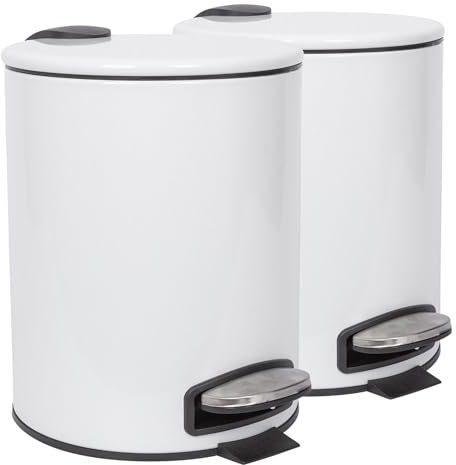 Harbour Housewares 5L Bathroom Bins - White - Pack of 2 - Round Stainless Steel Pedal Bin Slim Kitchen Rubbish Trash Can Garbage Dustbin with Lid and Inner Bin Liner Bucket