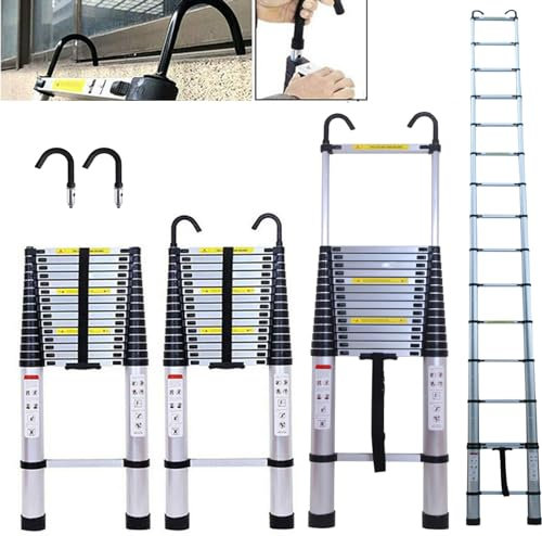 6,2m Teleskopleiter Klappleiter mit Haken, Mehrzweckleiter Alu Leiter Rutschfester Ausziehbare Robust Stehleiter, 150 kg/330 Pfund Belastbarkeit, Ausziehbar Aluleiter für Garten Innen