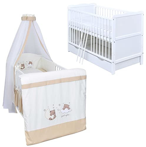 Generisch Baby Delux Babybett Komplett Set Kinderbett umbaubar zum Juniorbett 140x70 weiß Schublade Matratze Bettset mehrteilig Jack (Traumland beige)