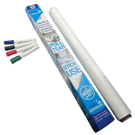 Magic Whiteboard roll & 4 Magic Whiteboard Dry Wipe Marker pens - A1 Static & Portable White Board for Walls, Doors, Windows - Easy Clean, Plain White Dry Erase Board for Office, Schools & Revision