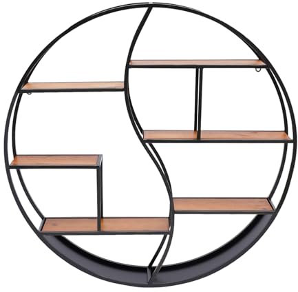 HuKaiL 80 * 80 cm Vintage Rund Regale, Wandregal Metall Holz mit 6 Regalbrettern, Schwarz Wand Regal Eiche für Wohnzimmer, Badezimmer, Arbeitszimmer