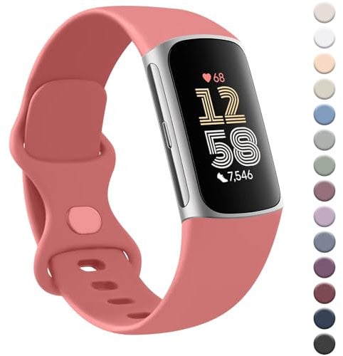 AK Strap for Fitbit Charge 6/5 - Silicone Sport Classic Soft Replacement Straps for Women & Men (Large, Coral)