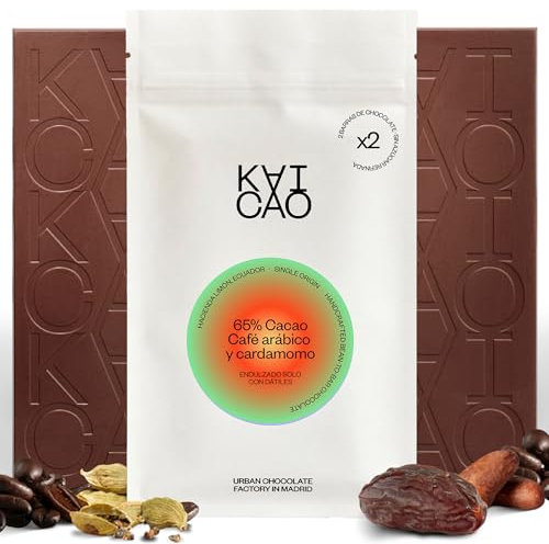 Kaicao Chocolate Negro 65% con Café Arábico y Cardamomo – Endulzados con Dátiles – sin Azúcar Refinada, sin Lactosa, sin Gluten, Vegano – Cacao de Origen Único Hacienda Limon, Ecuador – 2 x 70 gr