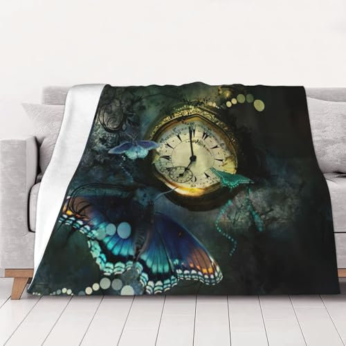 Kuschelige Schmetterlings-Uhren-Decke, Überwurf, vielseitig, weich, warm, Flanell-Überwurf für Sofa, Couch, verschiedene Größen