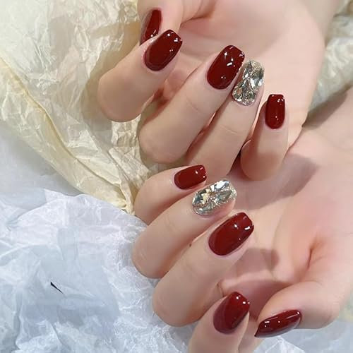 24pcs Short False Burgundy Press on Nails with Glitter Gold, Rhinestone Gems - Removable Glue on Nails for Women - Wine Red Acrylic - Perfect for Christmas & New Year