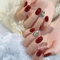 24pcs Short False Burgundy Press on Nails with Glitter Gold, Rhinestone Gems - Removable Glue on Nails for Women - Wine Red Acrylic - Perfect for Christmas & New Year