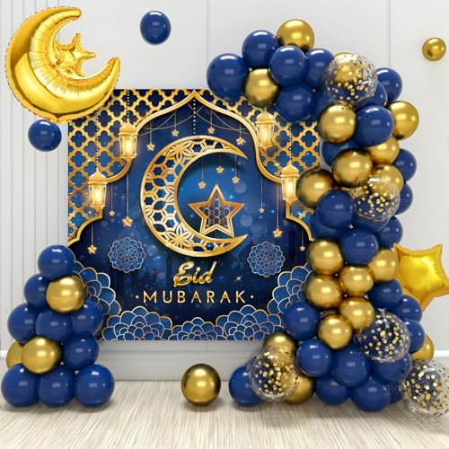 Blau und Gold Eid Mubarak Ballons Set, Eid Mubarak Dekoration - 70 Stück Blau Gold Ballons und 'Eid Mubarak' Hintergrund Banner, Ramadan ballons für Ramadan Dekoration 2025 und Eid Mubarak Feier
