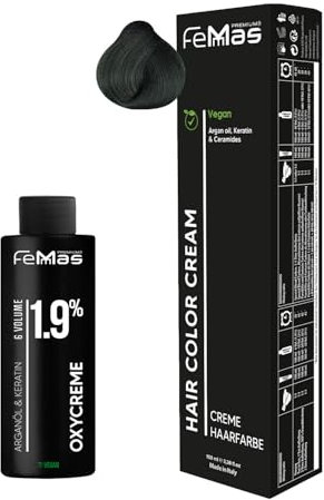 Femmas Haarfarbe Set Grün I Hair Color Cream 100ml + Oxycreme 100ml 1,9% I Permanente Haar-Coloration + Entwickler I Schonend & langanhaltend I Salon-Haarfarbe für Zuhause
