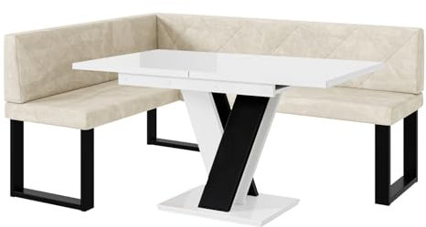 MEBLINI Eckbank für Esszimmer mit ausziehbarem Tisch - Küchenbank - Essecke - Sitzecke Küche - ERIC - U-Beine 128x168x87cm Links - Creme Samt/M Weiß-Schwarz Hochgl.