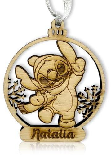 WEPRINTFY | Bola de Navidad Personalizada con Nombre | Modelo Stitch | Adorno de Navidad en Madera | Adornos para el Árbol | Decoración Navideña