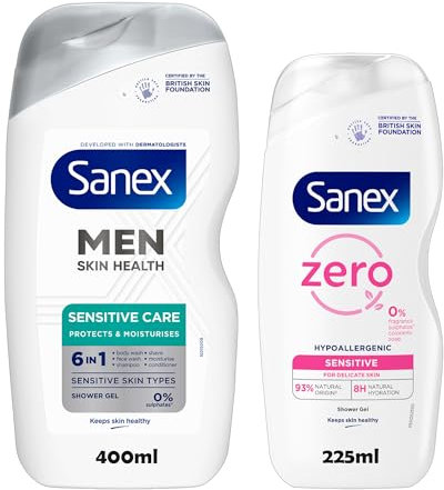 Sanex Shower Gel Bundle – Men 6-in-1 400ml + Zero Sensitive 225ml – Hypoallergenic & Dermatologist Approved – 0% Sulphates, Fragrance-Free – For Sensitive & Delicate Skin | 2 Pack