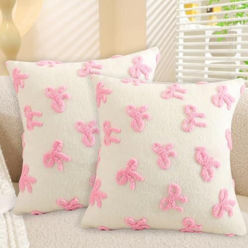 Kissenbezug Schleife 45x45 cm, 2 Stück Moderne Kissenbezüge 3D Schleifen, Zimmer Deko Aesthetic Plüsch Zierkissenbezüge, Deko Wohnzimmer Schleife Kissenhüllen Geschenke für Frauen und Mädchen (Rosa)