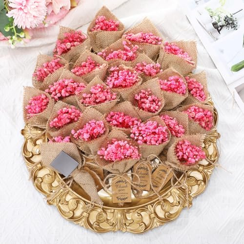 Kingdder Mini-Magnet-Trockenblumensträuße, Gastgeschenke für Gäste, rustikale Baby-Atem, Brautparty, Hochzeit, Taufe, Gastgeschenke mit Dankeskarten, Rückgabe, Hochzeits-Souvenir, Rosa, 24 Stück