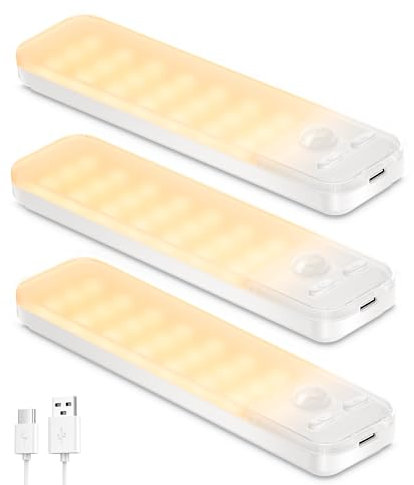 Schrankbeleuchtung Unterbauleuchte Küche LED 3 Stück Dimmbar mit Bewegungsmelder Innen, Akku Schrankleuchte Lampe USB-C Aufladbare LED Leiste Magnetische Lampen für Küche,Treppe,Wohnzimmer-3000K