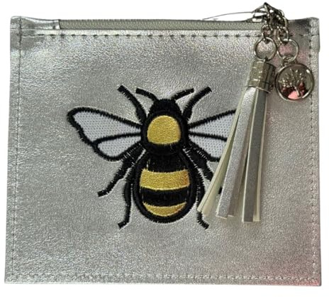 Metallic Embroidered Bee Coin, Card & ID Window Purse – with Bus Pass/Oyster Card Slot – Zipped Coin Section & Tassel Pull – 12 × 10.5 × 1 cm (Silver)
