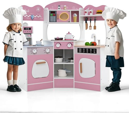 GOPLUS Cocina de Juguete Esquinera Infantil, Cocinita Infantil de Imaginación para Niños con Luces y Sonido, Máquina de Café, Horno, Microondas, Lavadora, para Niños de 3+ (Rosa)