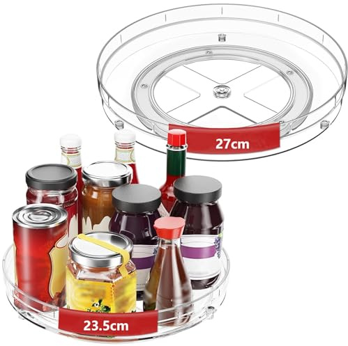 2 Pack Lazy Susan Turntable Cupboard Organiser, Clear Fridge Turntable Organiser, Rotating Spice Rack for Kitchen, Fridge, Makeup Table, Bathroom Countertop, Spice Rack, 2 Sizes Included 27cm, 23.5cm