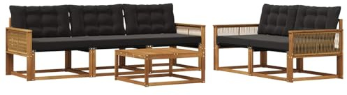 vidaXL Outdoor-Sofagarnitur mit Kissen 6 pcs Natürlich und Schwarz, Garten-Sofa, modernes Ecksofa, Robustes Loungemöbel, stilvolle Terrasse, Bequeme Sitzgruppe