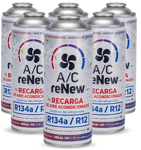 AC RENEW Recarga Aire Acondicionado Coche Sustituto Gas Refrigerante R134a y R12, Carga AC 220g Más Rendimiento, Natural y Ecológico, Fácil de Usar, Recambio Compatible Coches 1992-2016 (Pack 6)