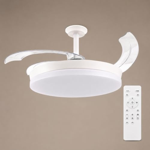 M mimotec- Ventilador de Techo White Guadix Retráctil con Luz LED CCT 36W Ø107 cm, Motor DC Silencioso 30W, Mando a Distancia, 6 Velocidades, Aspas Plegables, Temporizador y Función Verano/Invierno