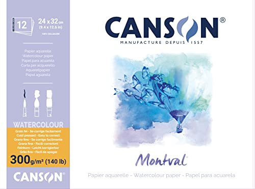 CANSON Montval - Bloc 12 feuilles papier aquarelle grain fin - 24 x 32 cm - 300g/m² - Blanc