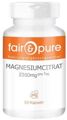 Fair & Pure Magnesiumcitrat 2350mg, 90 Kapseln, hochdosiert mit 375mg reinem Magnesium Tagesdosis, Nahrungsergänzungsmittel vegan ohne Magnesiumstearat, in Deutschland hergestellt
