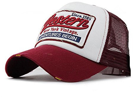 Trucker Mesh Baseballcap Western New York Distressed Snapback Vintage Used Look Retro Sommer Oldschool Kappe Mütze Cap Schirmmütze Basecap, Rot, verstellbar von ca 55-60cm