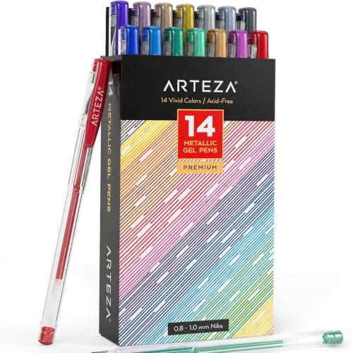 ARTEZA Metallic Gelstifte 14er-Set, bunte Gelschreiber in metallischen Farben, hochwertige Gelroller mit 0.8-1.0 mm Stiftspitze