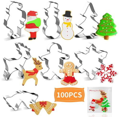 Christmas Cookie Cutter, Joyoldelf 7 Piece Christmas Cutters Stainless Steel Gingerbread Boy, Christmas Tree, Snowflake, Reindeer, Snowman, Santa Claus, Bell for Kids, 100 Pack Free Candy Bag
