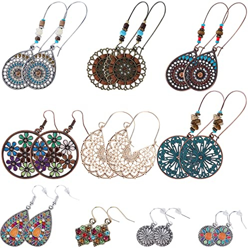 NEPAK 10 Paar Boho-Ohrringe, Bronze mit farbiger Perle, Modeschmuck, Vintage, Ethnisch, Langohrringe, Metall
