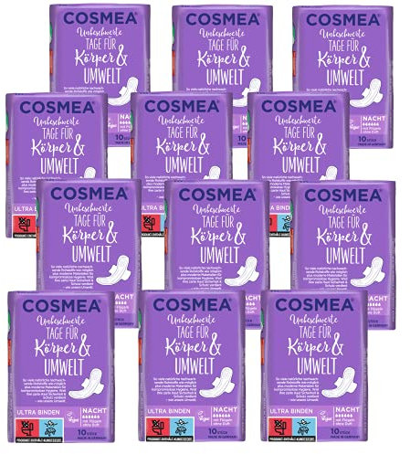 Cosmea Ultra Binden Vorteilspack, Hygiene-Einlagen aus nachwachsenden Rohstoffen. Damen-Hygiene im Einklang mit der Natur (Nacht (12x10 Stück))