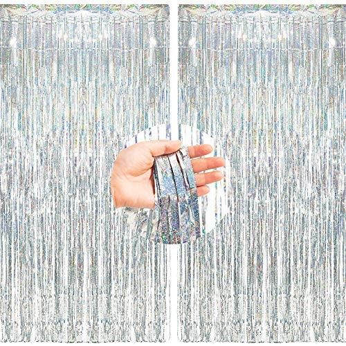 BRAVESHINE 2 Pack 3.2 ft x 8.2 ft Tinsel Foil Fringe Curtains Metallic Photo Booth Backdrops Party Supplies for Birthday Bridal Wedding Hen Graduation New Year Disco Party Decorations - Silver