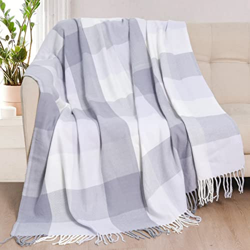 David's Home Buffalo Plaid Überwurfdecke, weich, leicht, Schottenkaro, Decke mit dekorativen Quasten für Couch, Sofa, Outdoor, Fransen, Schoßüberwurf, Bauernhaus-Stil, 127 x 152 cm, Weiß +