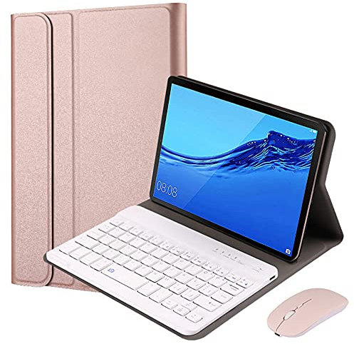 QYiD Funda Teclado y Ratón Inalámbrico para Huawei MediaPad T3 10, Carcasa con Soporte y Teclado Bluetooth Inalámbrico Magnético Desmontable para Huawei MediaPad T3 10 9.6-Inch Tablet 2017, Oro Rosa