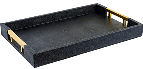 Modern Elegant 18x12 Rectangle Black Glossy Shagreen Decorative Ottoman Coffee Table Perfume Living Room Kitchen Serving Tray with Gold Polished Metal Handles by Home Redefined for All Occasion's