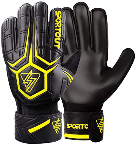 Sportout Torwarthandschuhe mit Fingersave, Fußballhandschuhe, Torwarthandschuhe Herren, 4mm Latex, für Kinder, Erwachsene und Jugendliche (Schwarz-Gelb, 7)