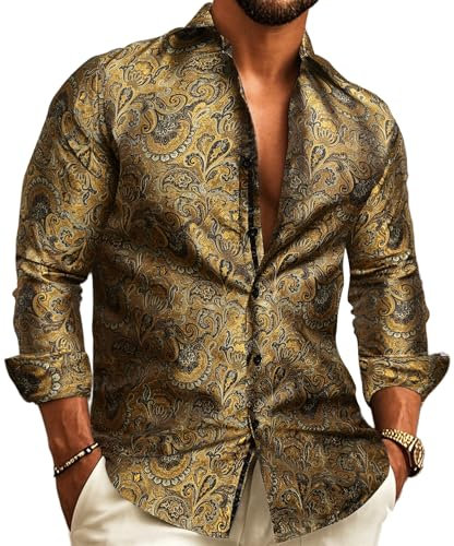 Barry.Wang Men Dress Shirts Paisley Silk Long Sleeve Button Big and Tall Down Shirt Fashion Leisure Wedding Party Prom Gold S-3XL