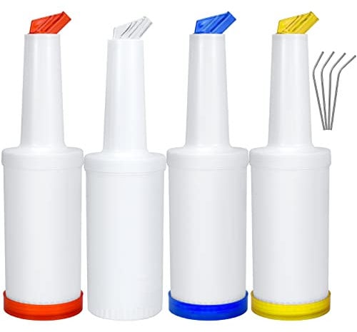 TenderBar Reusable Juice Pourer Bottles - 4-Pack Bar Pourers and 4 Stainless Steel Straws Leakproof Pour Spout Bottle BPA-Free Container, Liquor Dispenser Set Modern Bartender Supplies