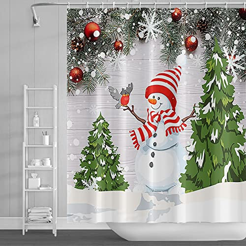 SDOTPMT 105x160cm Mignon Bonhomme de Neige Rideau de Douche Noël Arbre Balle Rouge Blanc Rayures Chapeau Écharpe Rideau de Bain Flocon de Neige en Bois Planche Polyester avec Crochets