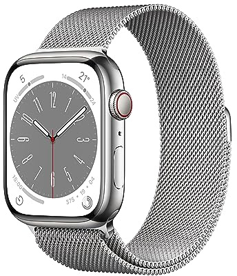 Apple Watch Series 8 (GPS + Cellular, 45mm) Smartwatch con cassa in acciaio inossidabile color argento con Loop in maglia milanese color argento. Fitness tracker, app Livelli O₂, resistente all’acqua